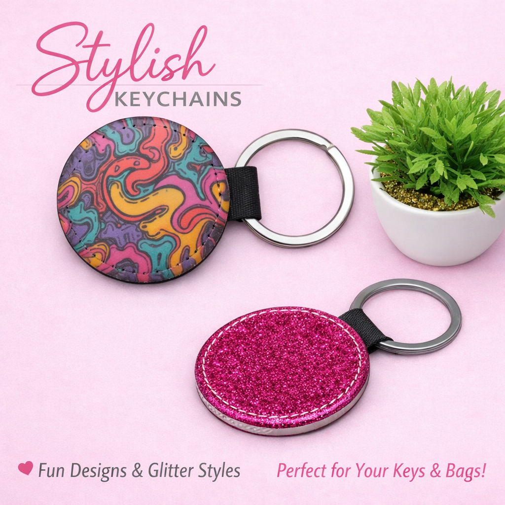 PU Glitter Keyring (Round; 50mmx50mm; Each)