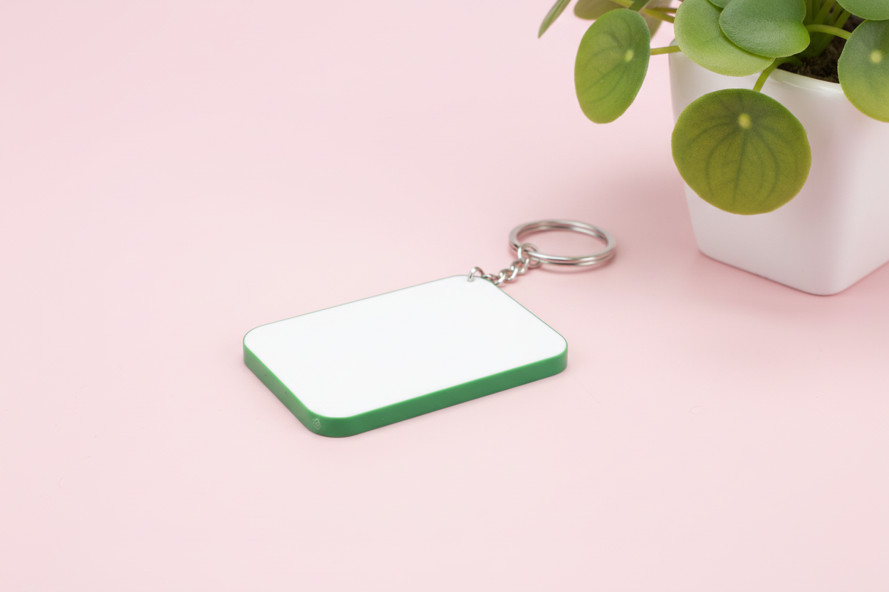 Keyring Polymer; colour edge (4.8cm x 6.7cm)