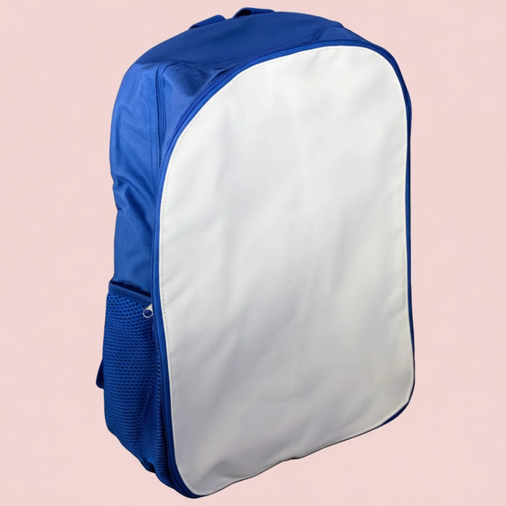 Blue and white backpack on a white background