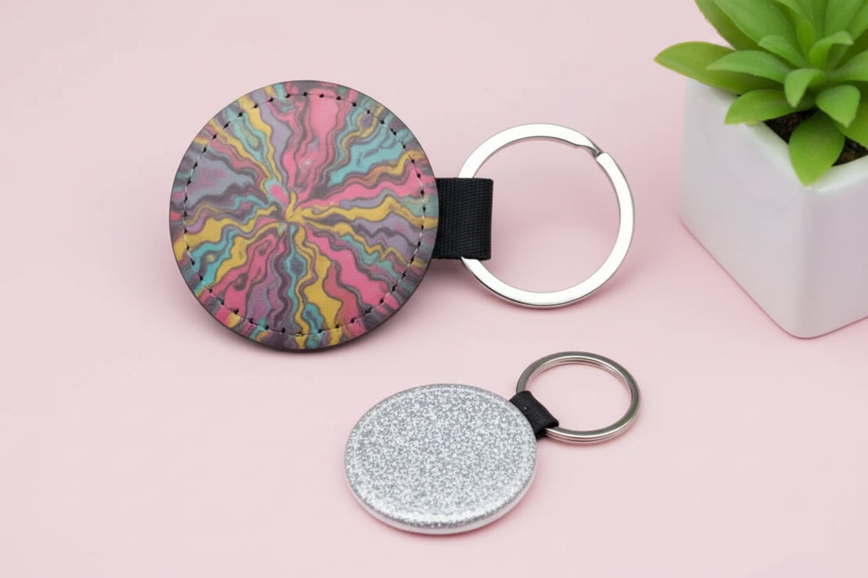 PU Glitter Keyring (Round; 50mmx50mm; Each)