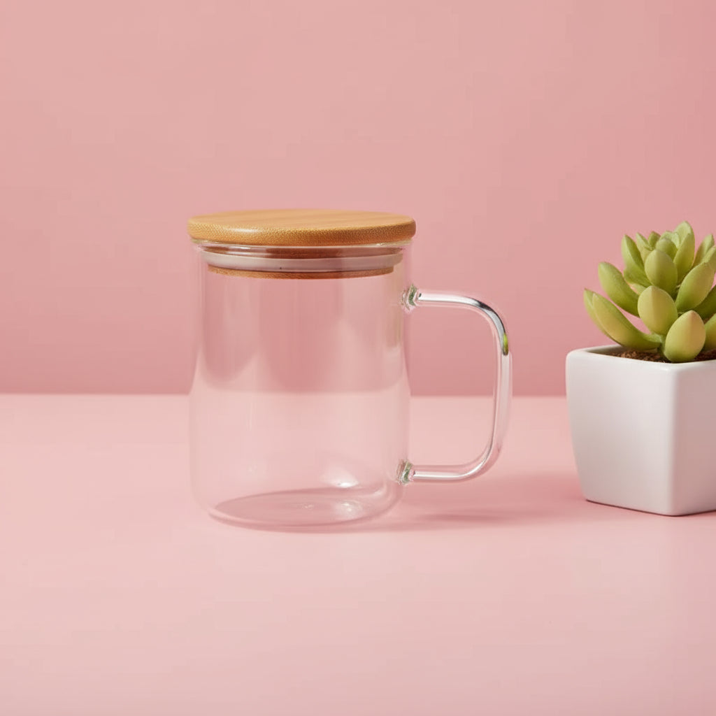 Clear glass mug with a wooden lid on a white background