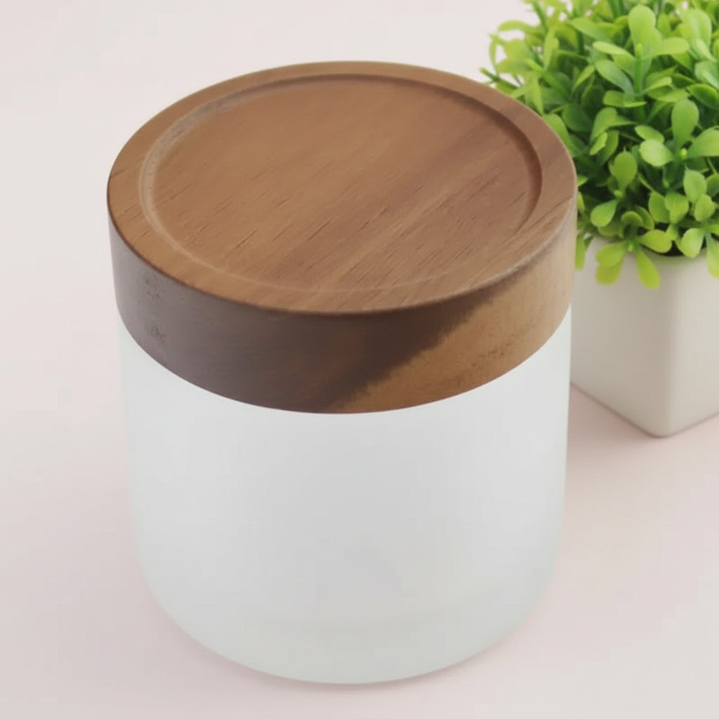 Frosted Glass Jar Wooden Lid Screw On