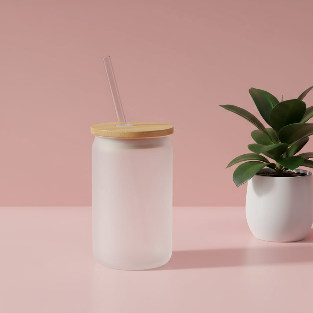 Skinny 16oz; Frosted; Glass; Bamboo lid