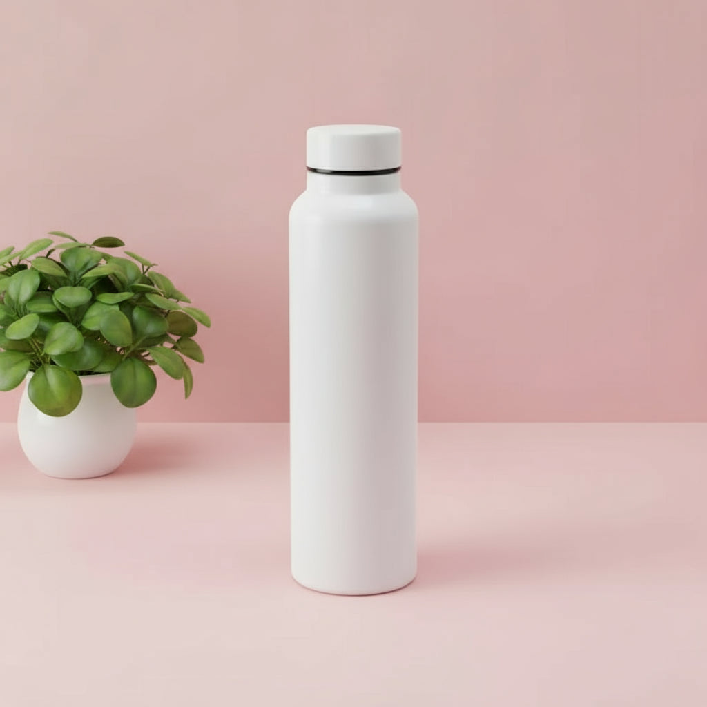 White water bottle next to a potted plant on a pink background