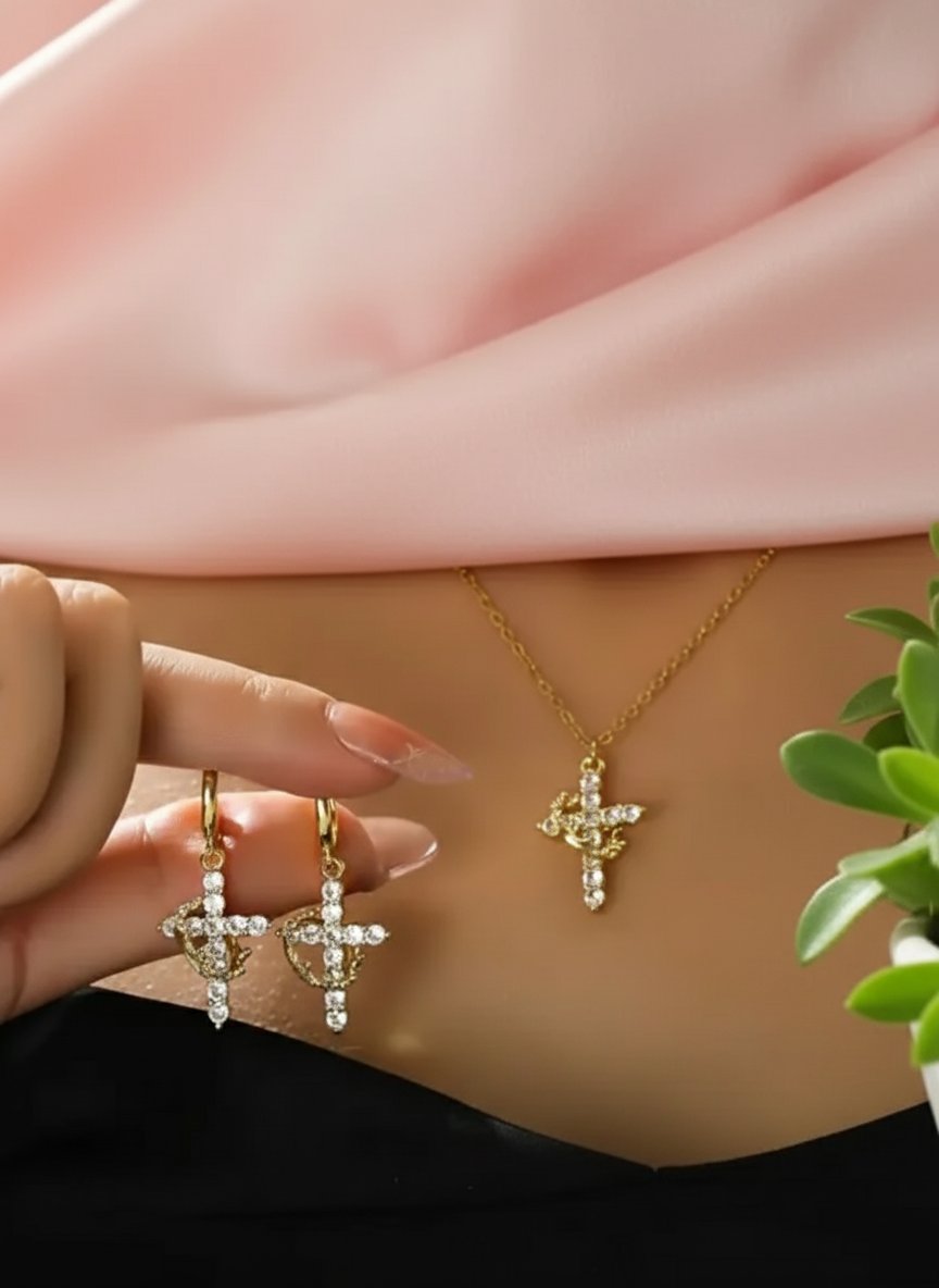 Golden/Silver-Plated Crown & Cross Pendant Necklace & Earrings Set