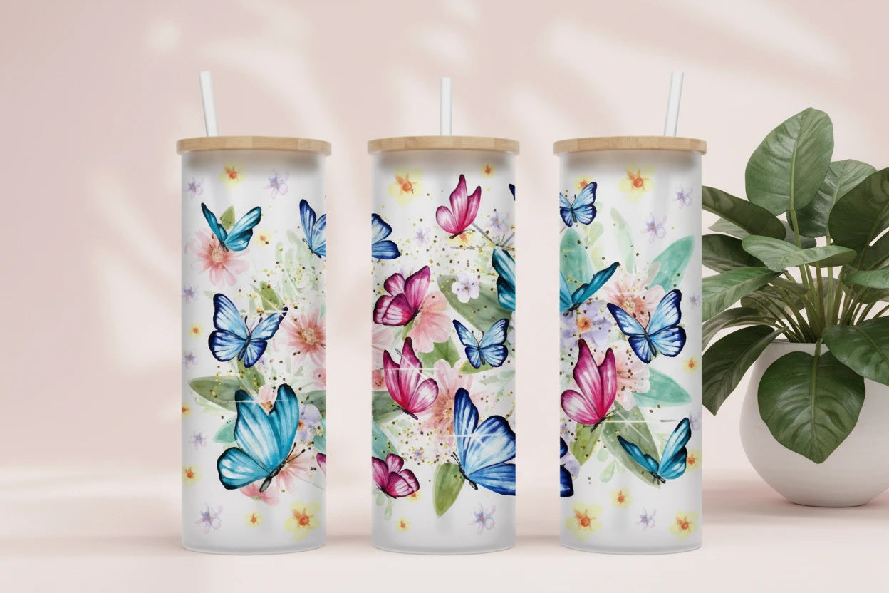 Butterfly Sunflower 25 oz glass Tumbler & Design